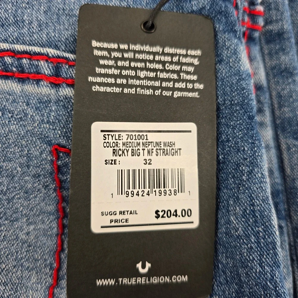 True Religion Ricky Big T Relaxed Straight Jeans Mens Red Stitch Blue 32x34 NEW